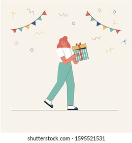 Young woman holding a gift box. Concept for a holiday card birthday or Valentine's day, banner, advertising. Flat minimal style vector illustration on white background.