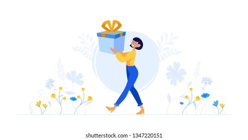 Young woman holding gift in boxes. Spring holiday illustration for your design.