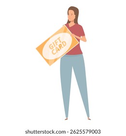 Jovem mulher está segurando um cartão de presente, sugerindo um conceito relacionado a compras, varejo, presentes ou promoções