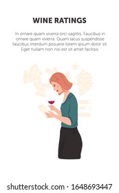 Young woman holding a glass and reading wine booklet. Wine ratings and buying guides.  Subtle background of grapes, charts and scores. Handdrawn flat vector illustration.