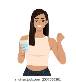 Young woman holding a glass of water to promote. Flat vector Character Illustration