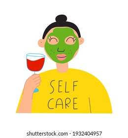 Young woman holding glass of wine and wearing beauty mask. Self care concept. Vector illustration on white background.