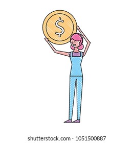 young woman holding gold dollar coin money