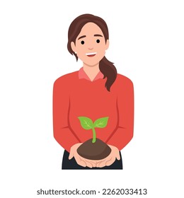 Young woman holding a green sprout with handful of soil. Eco, green, environment friendly. Flat vector illustration isolated on white background