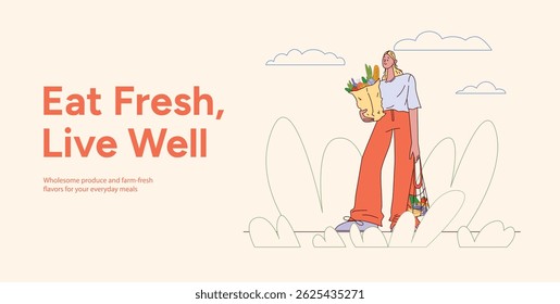 Young Woman Holding Grocery Bag with Vegetables and Bread. Eat Fresh Live Well Concept Banner. Flat Vector Illustration with Organic Products and Nature Elements Isolated on Light Background