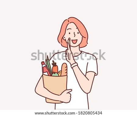 young woman holding grocery bag . Hand drawn style vector design illustrations.