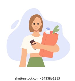 Young Woman Holding Grocery Paper Bag. Girl Buyer of Food Store. Flat Vector Illustration.