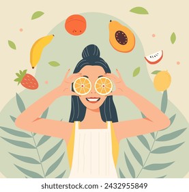 Young woman holding halves of citrus fruits against her eyes 