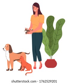 Young woman holding hamster in hands. Orange cat and dog standing near woman. Pretty girl love domestic animals, isolated at white, houseplant. Cartoon character with her pets isolated at white