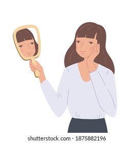 Young woman holding hand mirror   looking at her own reflection and joyful expression her face  Smiling girl holds hand near her face   looks her mirroring  Concept self  acceptance