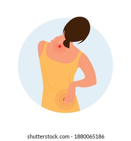 Young woman holding hands on neck in back pain.Pain in Necklifts. Treatment of Cervical Spine.  Neck injury.Vector illustration