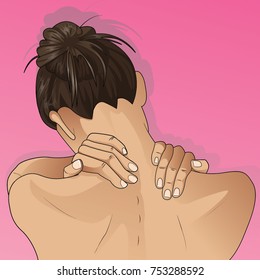 Young woman holding hands on neck in back pain.