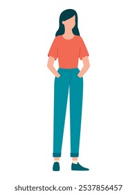 Young woman holding hands in pockets in red t-shirt and blue jeans isolated on white background. Vector illustration. Flat faceless style. Vector illustration