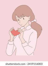 Young woman holding heart with hands. Single girl looking at heart shape. Hand drawn flat cartoon character vector illustration.
