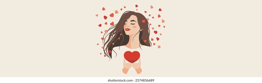 Young woman holding a heart in her hands against the background of small hearts. Happy International Women's Day. Warm color palette. Vector postcard in gentle tones with space for text for banner