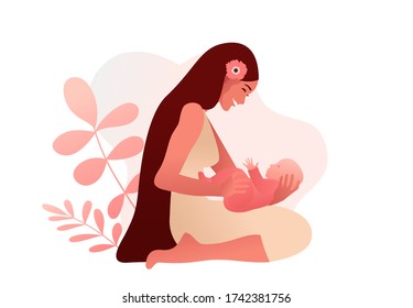 Young woman holding her baby girl Happy Mothers Day greeting card. Vector illustration in flat style.