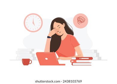 Young woman holding her face with her hand, looks tired because hasn't been able to work in time. sitting at the desk with laptop and stack of books. flat character design and illustration.