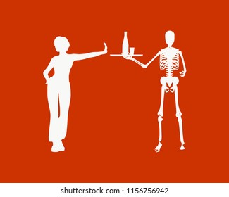 A young woman holding her hand in front to show stop gesture and rejects alcohol. Service man skelleton