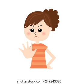 A young woman holding her hand in front to show stop gesture, vector illustration