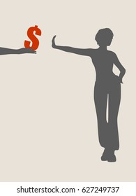 A young woman holding her hand in front to show stop gesture and rejects money. Vector illustration