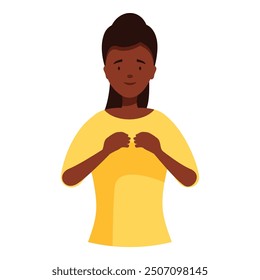 Young woman is holding her hands on her chest as a gesture of honesty and sincerity