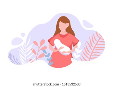 A young woman is holding her newborn baby. Maternal care banner with tropical plants. Happy mothers day greeting card