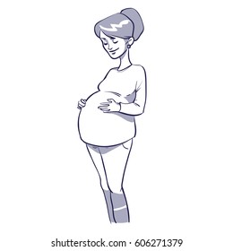 young woman  holding her round belly and can't wait to have her baby, hand drawn style, cartoon vector illustration.