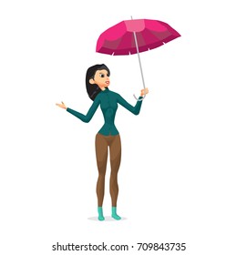 Young woman holding her umbrella putting out his hand checks to see if the rain is coming. Girl in the fall during bad weather. Flat cartoon vector illustration