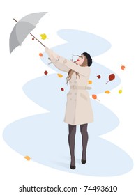 Young Woman Holding Her Umbrella in The Wind