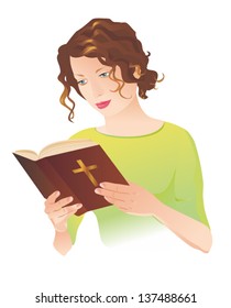 Young woman holding the Holy Bible and reading it. Vector