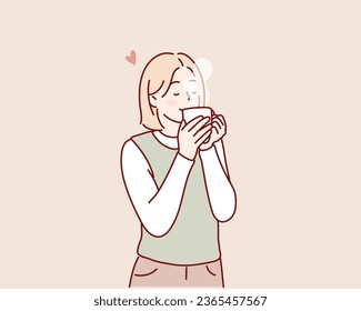Young woman holding a hot cup of coffee. Hand drawn style vector design illustrations.