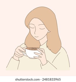 Young woman holding hot cup of latte coffee. Calm girl relaxing with mug of cacao, milk. Hand drawn flat cartoon character vector illustration.