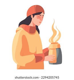 Young woman holding hot drinks isolated