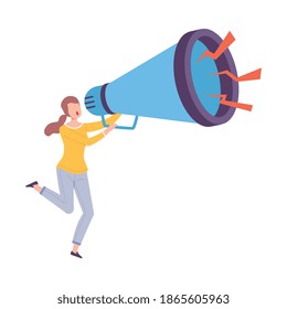 Young Woman Holding Huge Megaphone Making Announcement and Screaming Information Vector Illustration