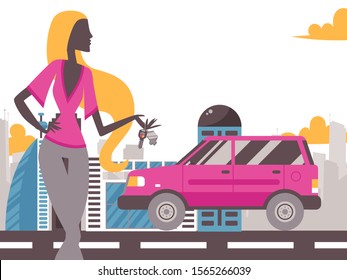 Young woman holding keys from new car, vector illustration. Fashion model poses with automobile key on road. Flat style cityscape, silhouette of beautiful girl and her own car on town street