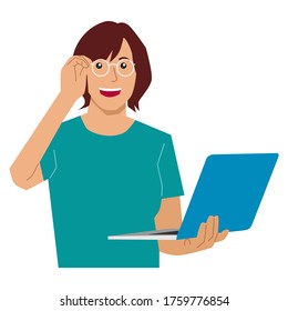 Young woman holding laptop computer. Vector flat illustration