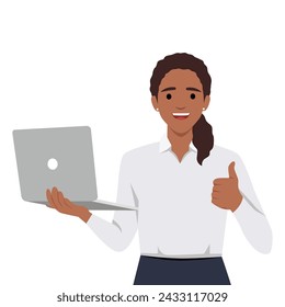 Young woman holding laptop computer and thumbs up gesture. Flat vector illustration isolated on white background