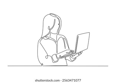 Young woman holding laptop in continuous one line design. Single line draw of student holds netbook.