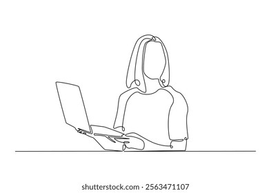 Young woman holding laptop in continuous one line design. Single line draw of student holds netbook.