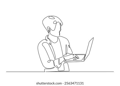 Young woman holding laptop in continuous one line design. Single line draw of student holds netbook.