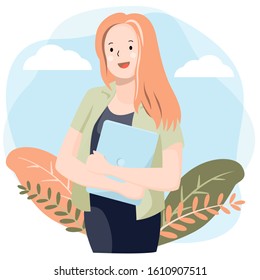 young woman holding laptop for e-learning and education concept - Vector Illustration