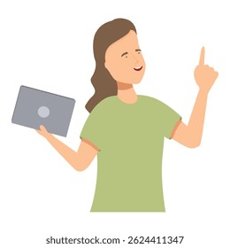 Young woman is holding a laptop and pointing her finger up, having an idea