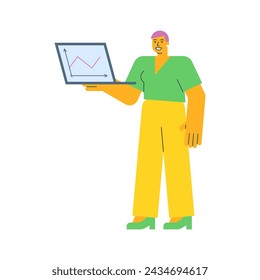 Young woman holding laptop and smiling. Vector Illustration
