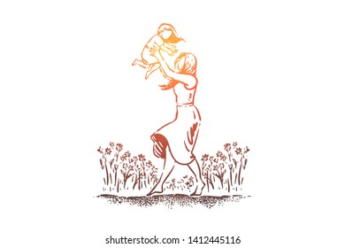 Young woman holding little child, single mom and kid spend time together, feminine happiness, happy parenting