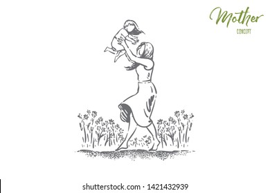 Young woman holding little child  single mom   kid spend time together  feminine happiness  happy parenting  Mother playing and daughter outdoor concept sketch  Hand drawn vector illustration