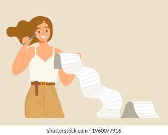 Young woman holding a long list paper and pencil in thinking gesture. Concept of checking list, bill to pay, huge task list, payment, paper document. Flat vector illustration character.