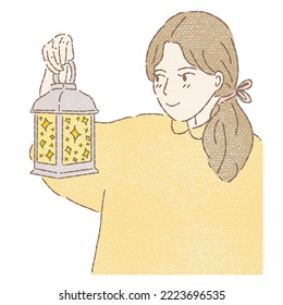 Young woman holding and looking sparking storm lantern. Looking on the bright side concept. Positive thinking. Hand drawn flat cartoon character vector illustration in colored pencil texture.