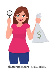 Young woman holding magnifying glass. Girl showing cash, money, currency notes bag. Female character design illustration. Modern lifestyle, finance payment concept in vector cartoon.