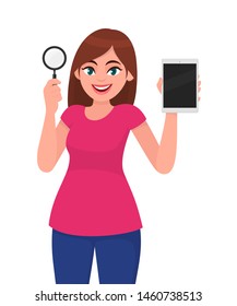 Young woman holding magnifying glass. Girl showing a new digital tablet computer. Female character design illustration. Modern lifestyle, gadget, device technology concept in vector cartoon style.