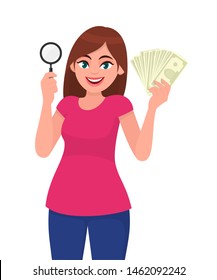 Young woman holding magnifying glass. Girl showing cash, money, currency notes in hand. Female character design illustration. Modern lifestyle, finance, payment concept in vector.